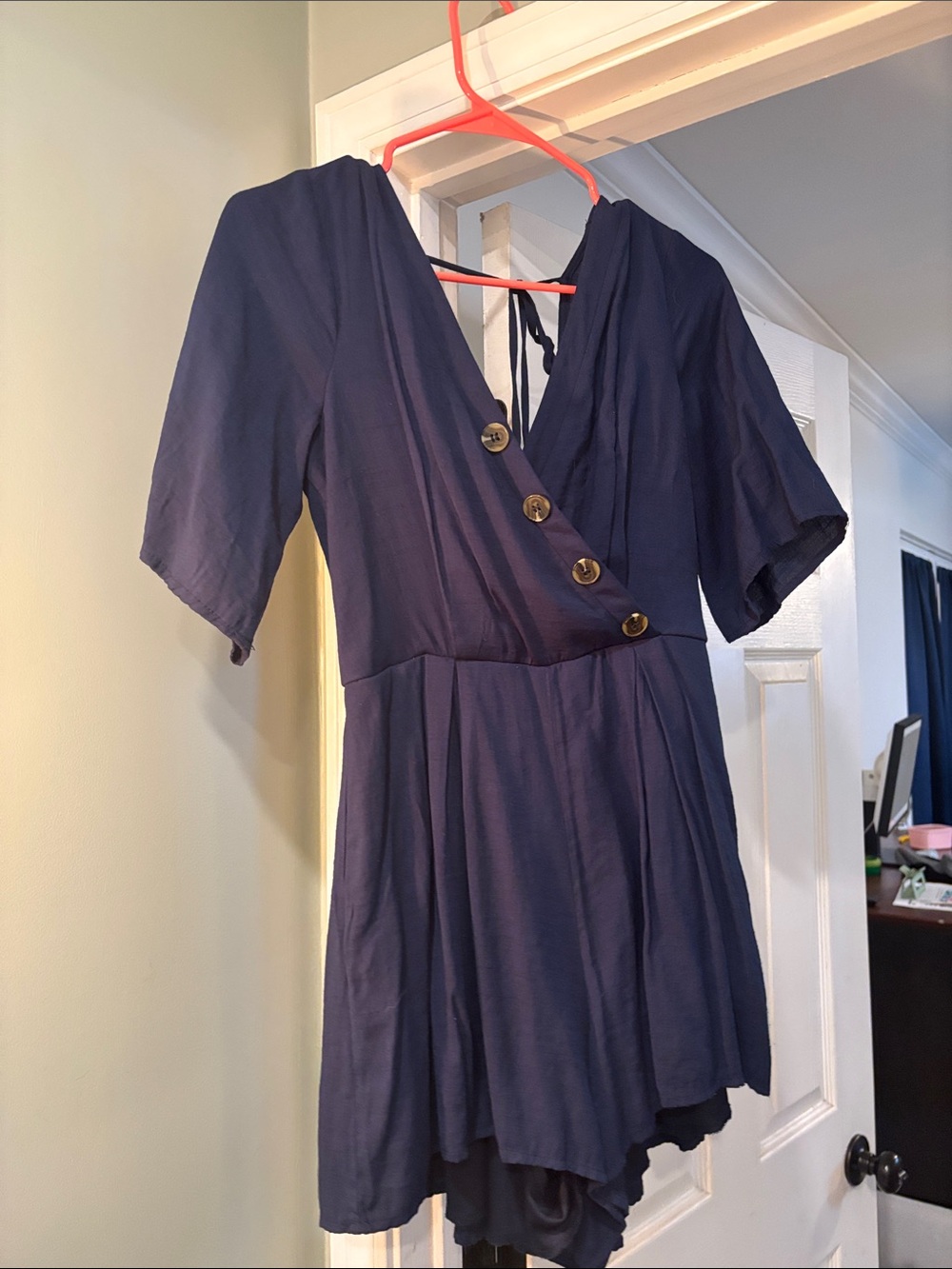 Navy Short-Sleeve V-Neck Romper